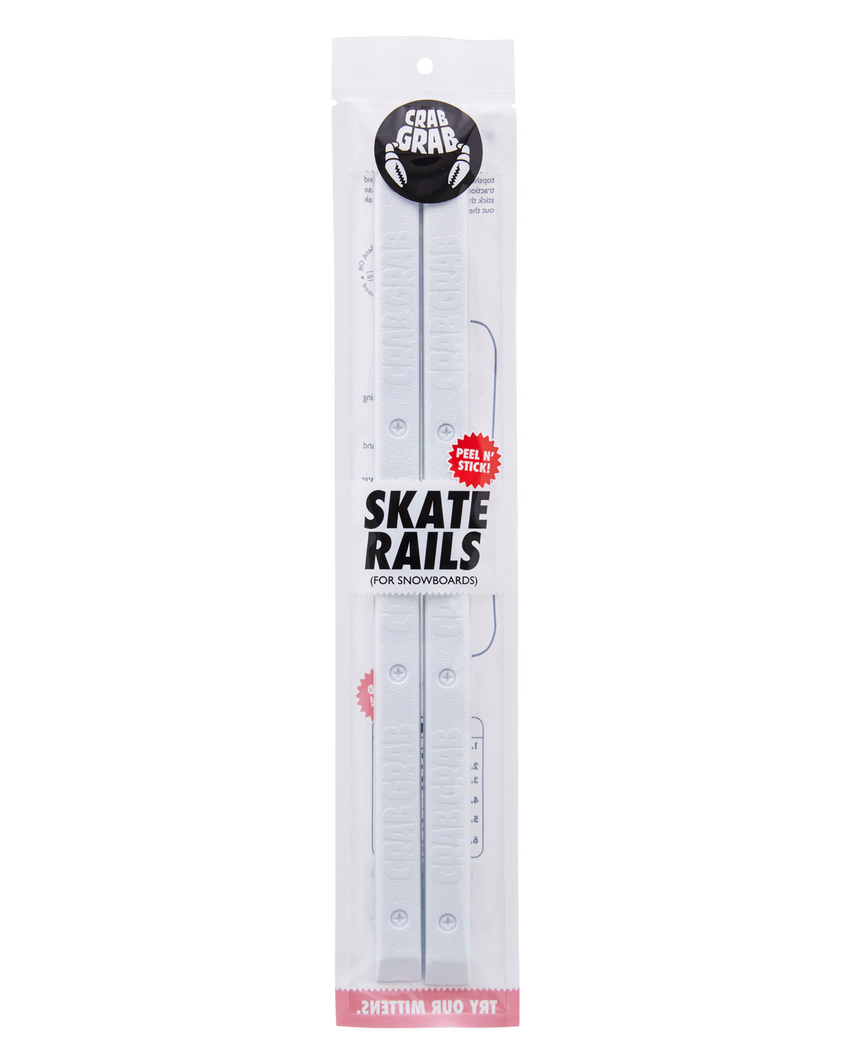 Crab Grab - Skate Rails snowboard grab traction, packaging, White.