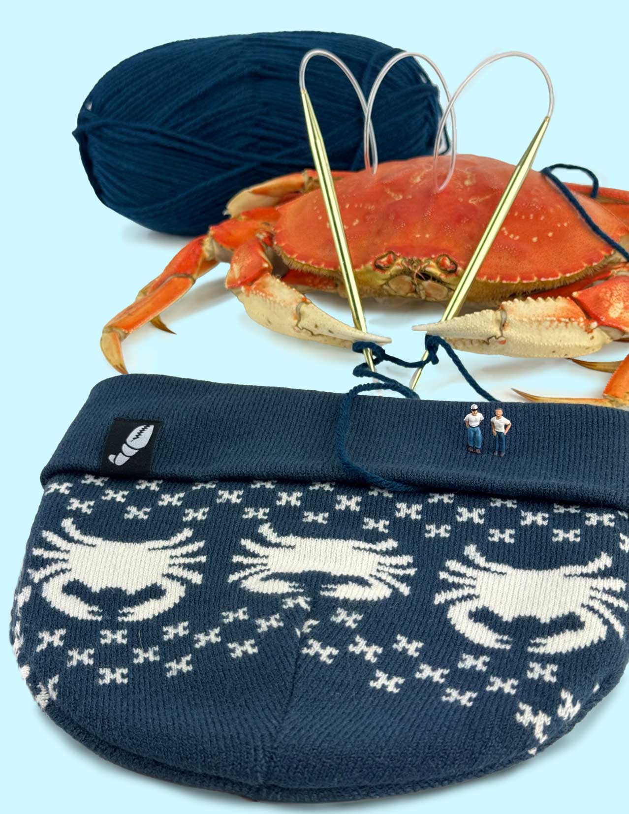 Crab knitting a Crab Grab Nordicrab beanie. One of the best fitting beanies in the business.