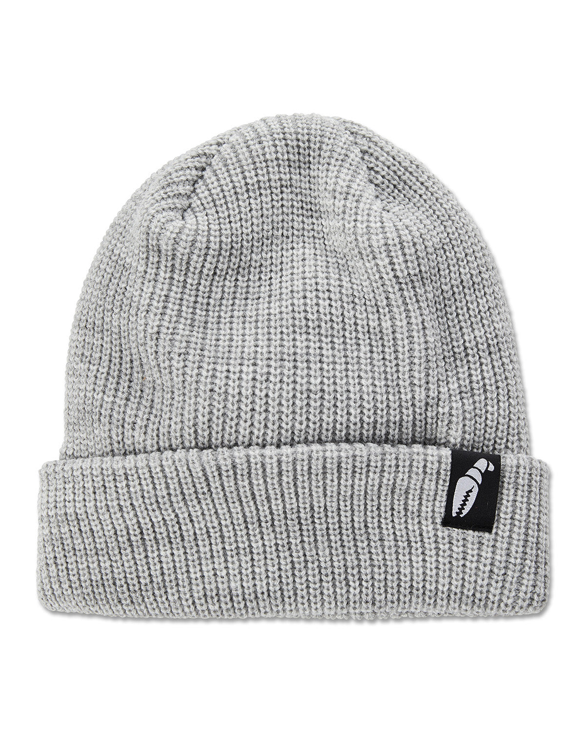 Crab Grab Claw Label beanie, a light grey knit hat.