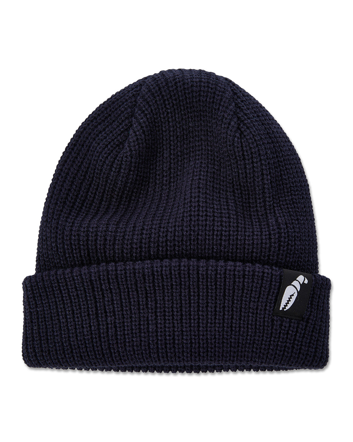 Crab Grab Claw Label beanie, Navy blue knit hat.