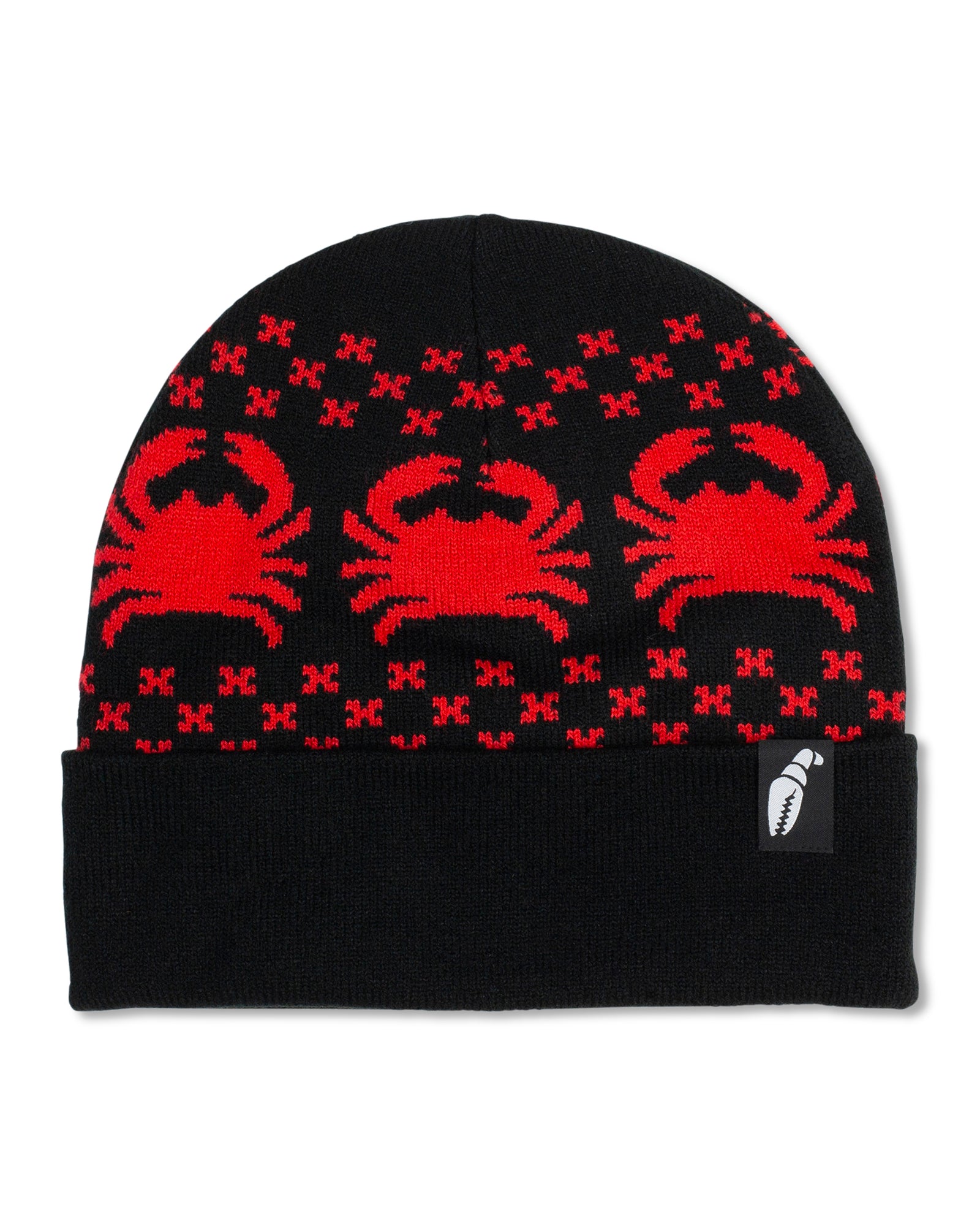 Crab Grab - Nordicrab knit cuff Beanie in Black with Red crab pattern.