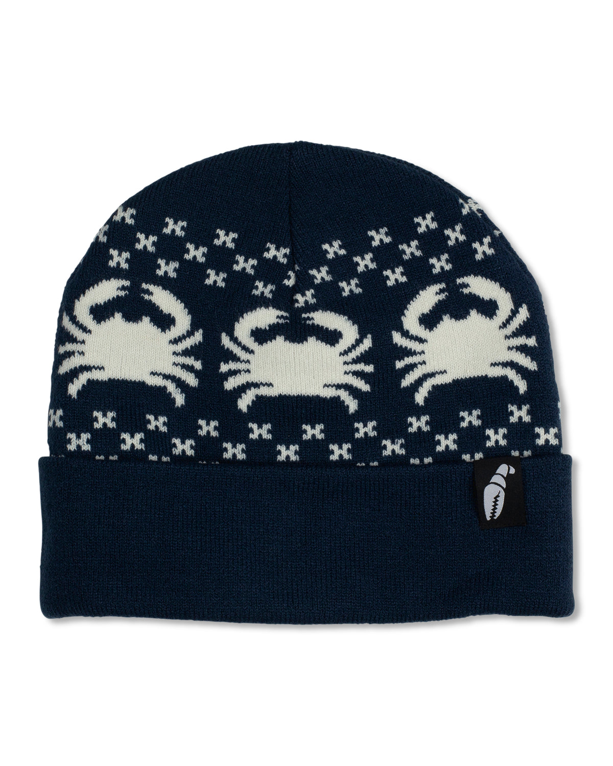 Crab Grab - Nordicrab knit cuff Beanie in Black with White crab pattern.