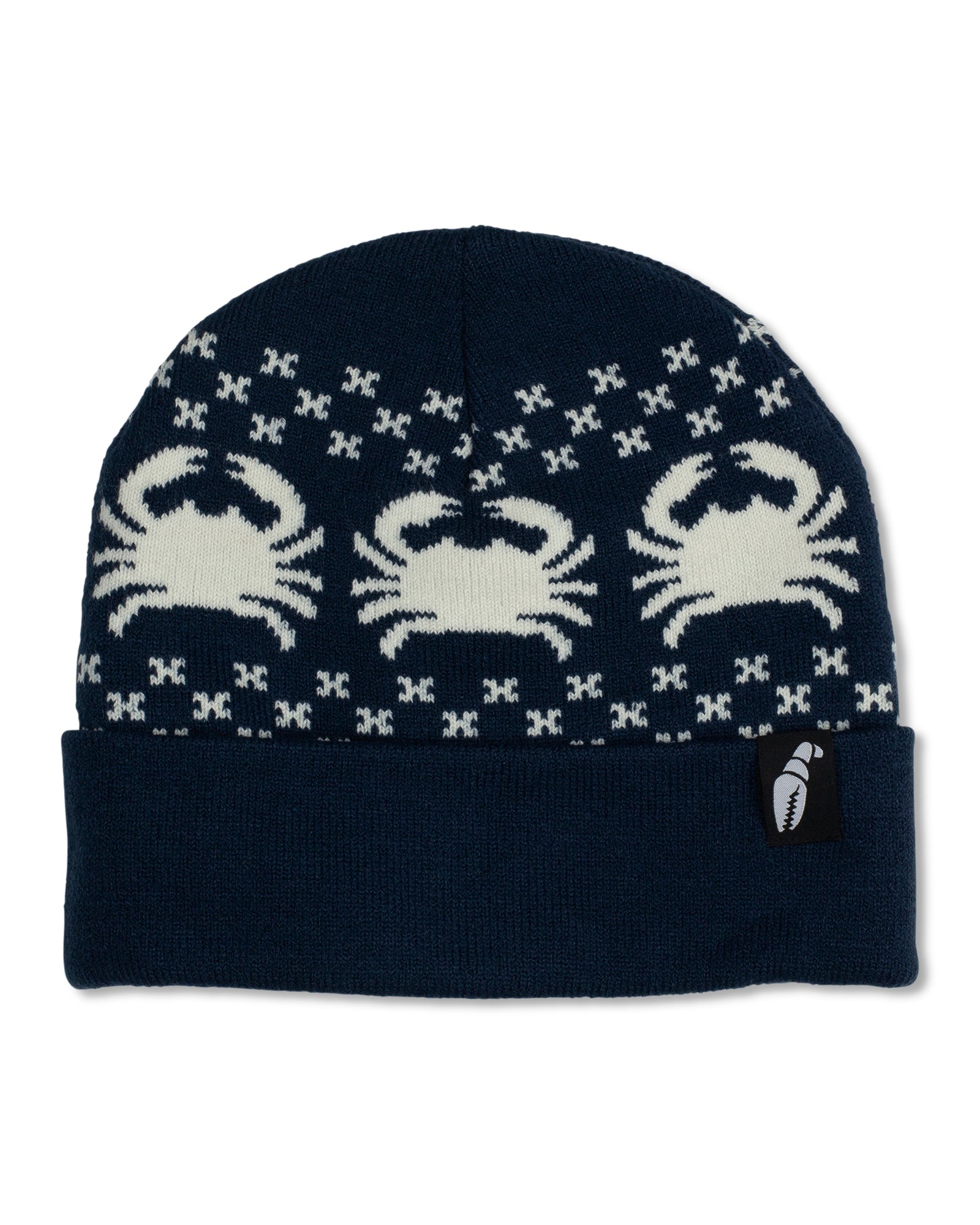 Crab Grab - Nordicrab knit cuff Beanie in Black with White crab pattern.