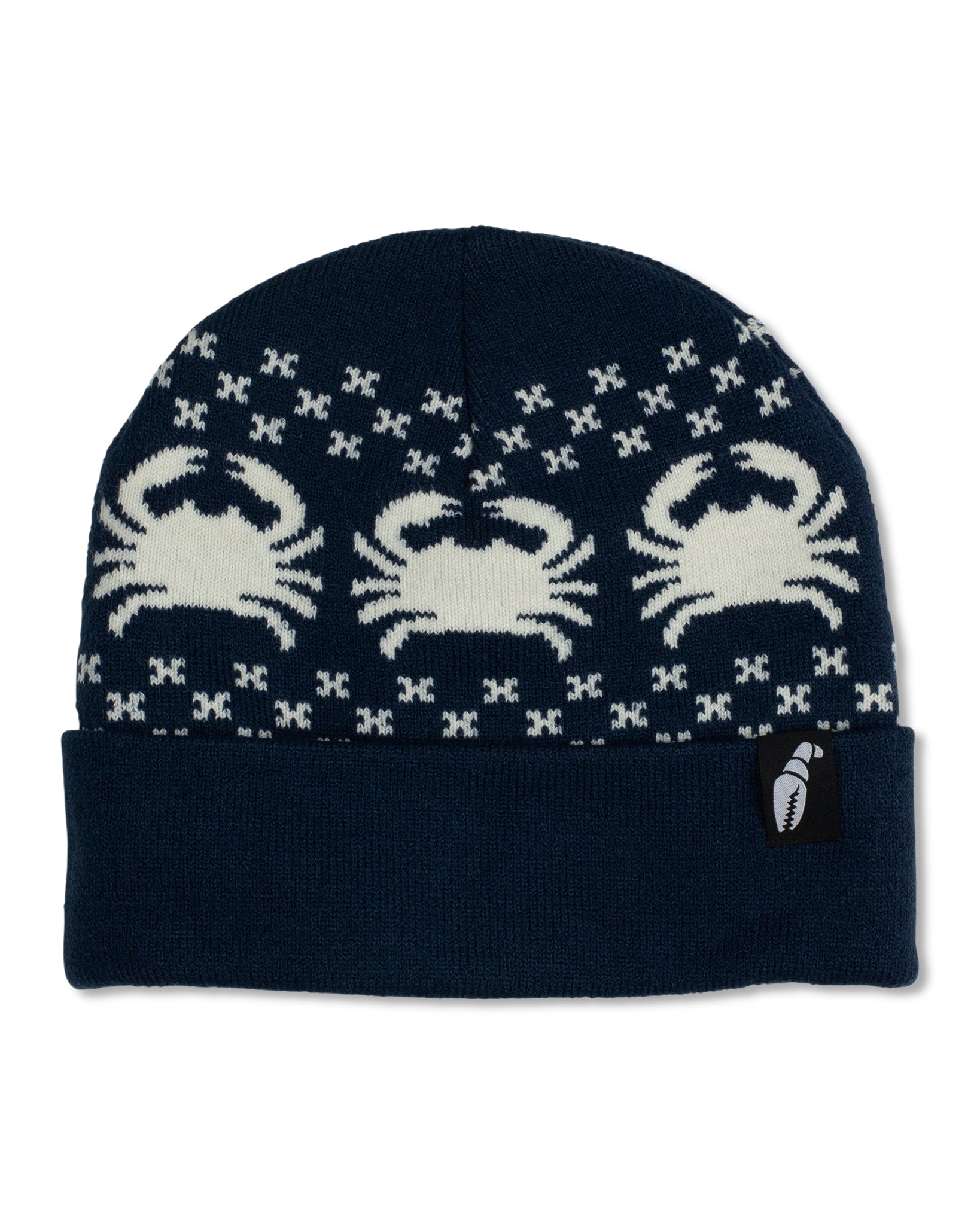 Crab Grab - Nordicrab knit cuff Beanie in Black with Red crab pattern.