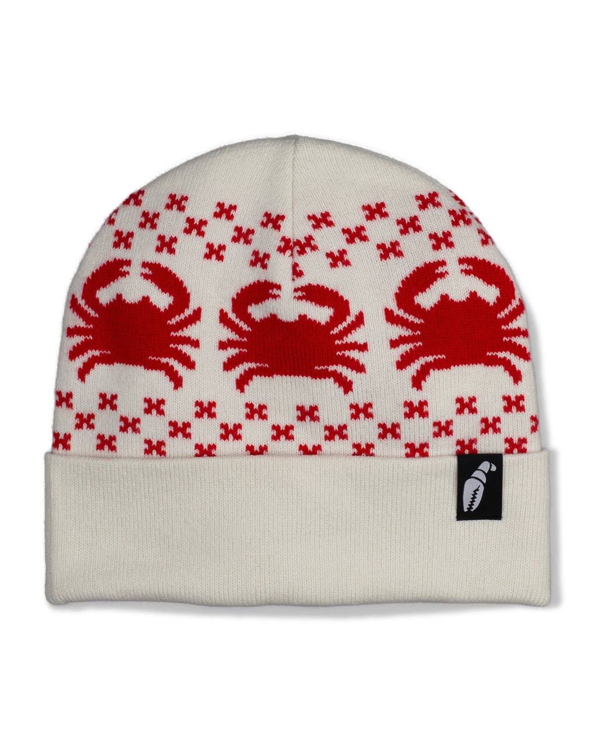 Crab Grab - Nordicrab knit cuff Beanie in White with Red crab pattern.
