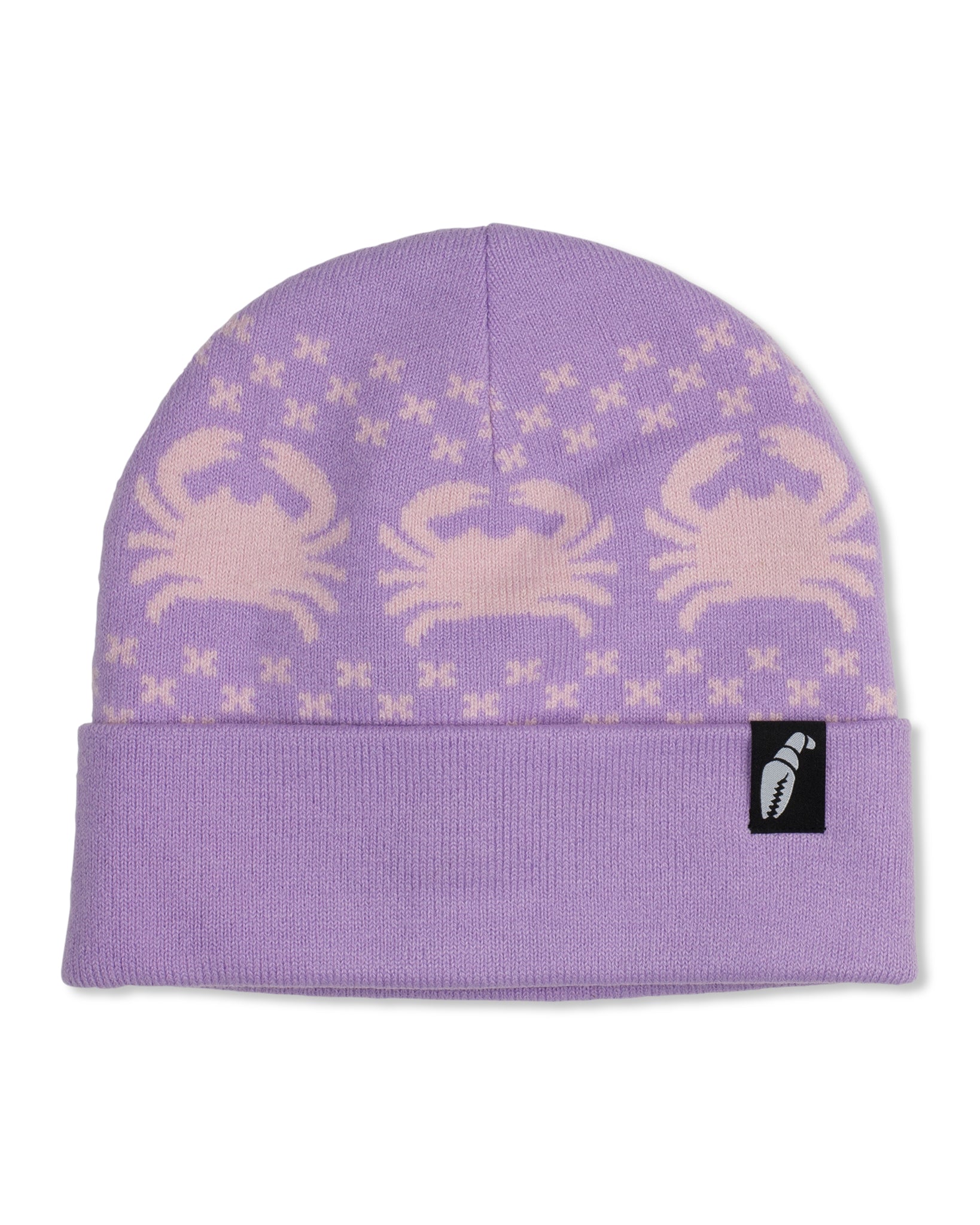 Crab Grab - Nordicrab knit cuff Beanie in pastel Purple with soft Pink crab pattern.