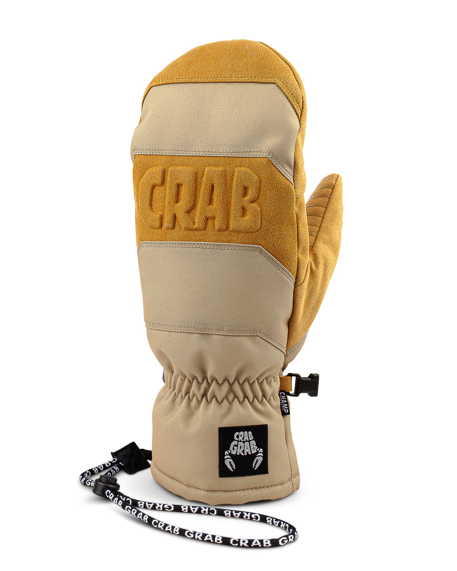 Crab Grab Champ Mitten back of hand with wrist leash, in tan Desert color way.