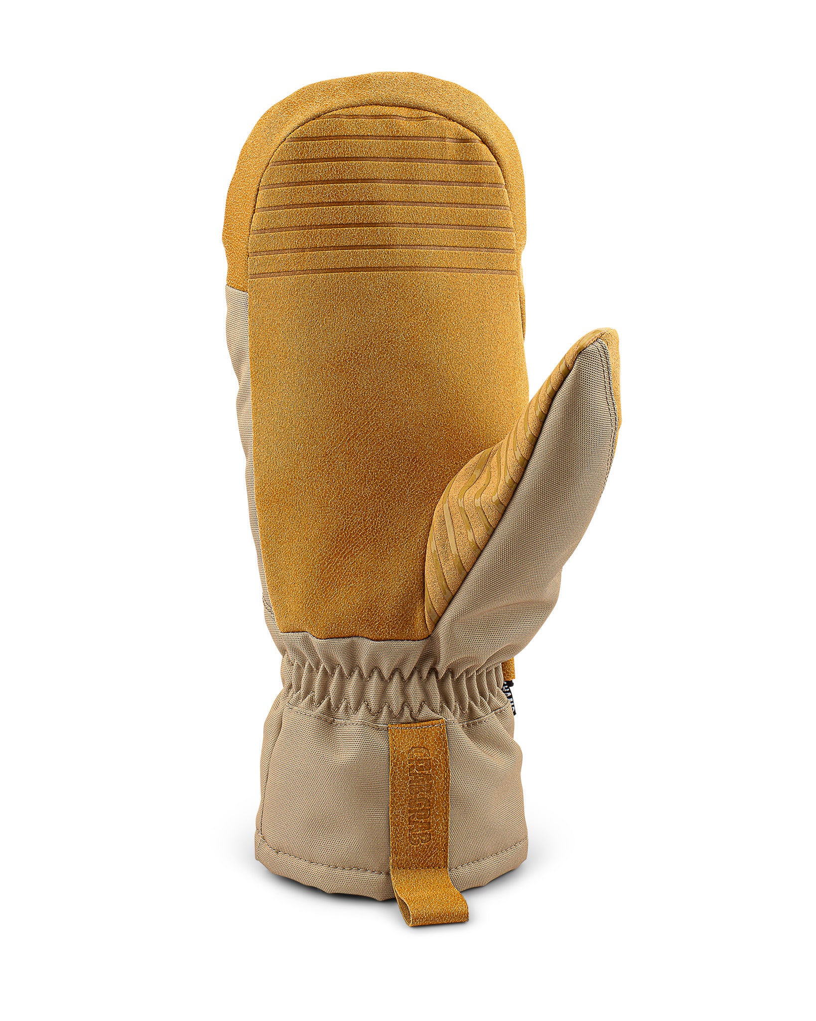 Crab Grab Champ Mitten back of hand with wrist leash, in tan Desert color way.