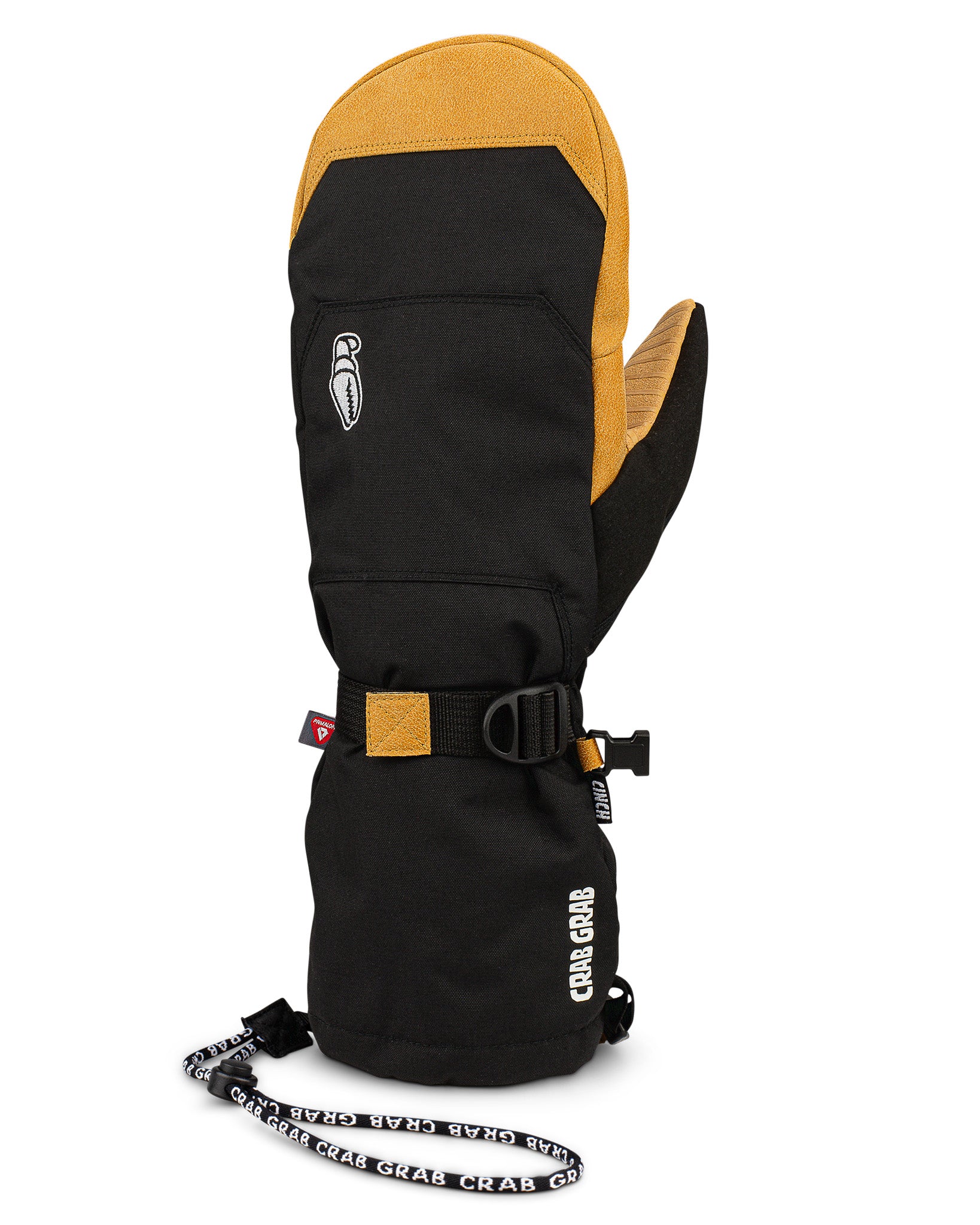 Crab Grab Cinch Mitt with a wrist leash, back of hand view, in Black and Tan color way.