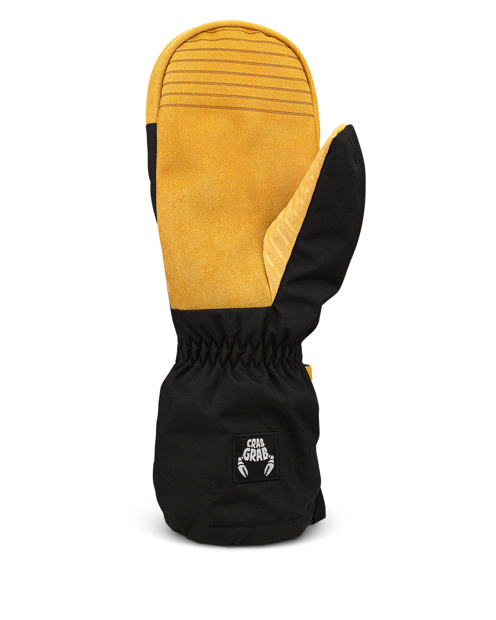 Crab Grab Cinch Mitt with a wrist leash, back of hand view, in Black and Tan color way.