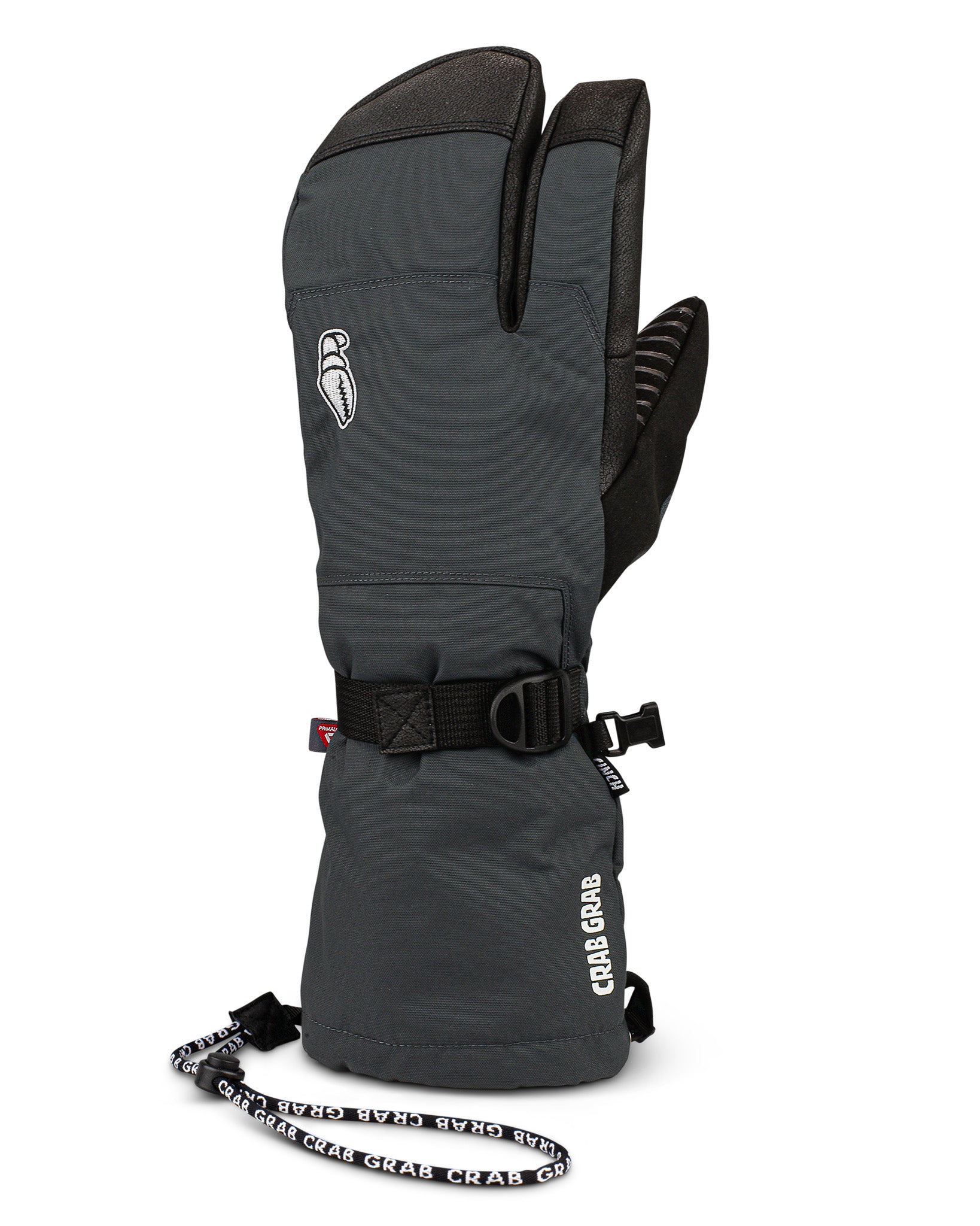 Crab Grab Cinch Trigger glove with a wrist leash, back of hand view, in Washed Black color way.