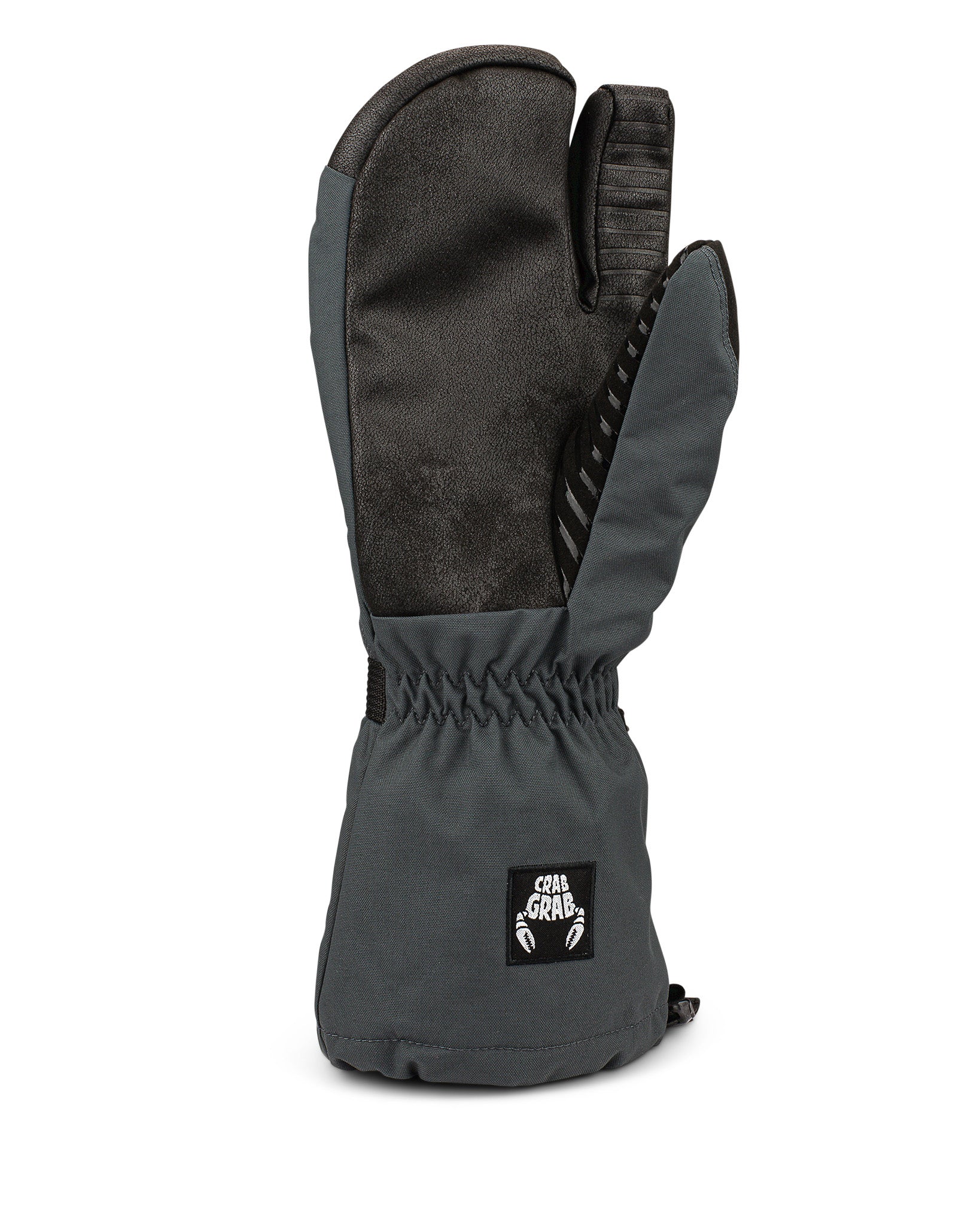 Crab Grab Cinch Trigger glove with a wrist leash, back of hand view, in Washed Black color way.