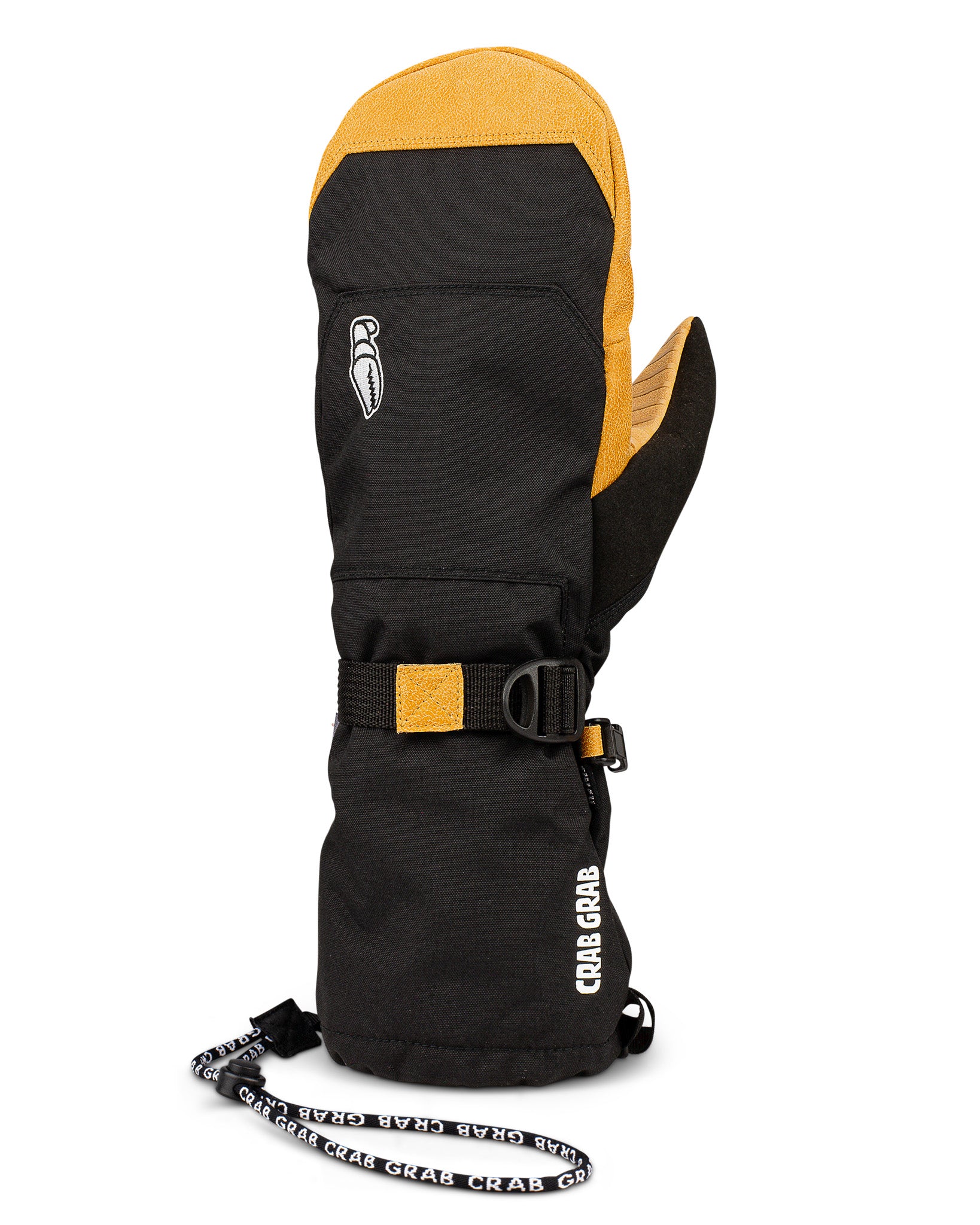 Crab Grab Cinch Women's Mitt with a wrist leash, back of hand view, in Black and Tan color way.