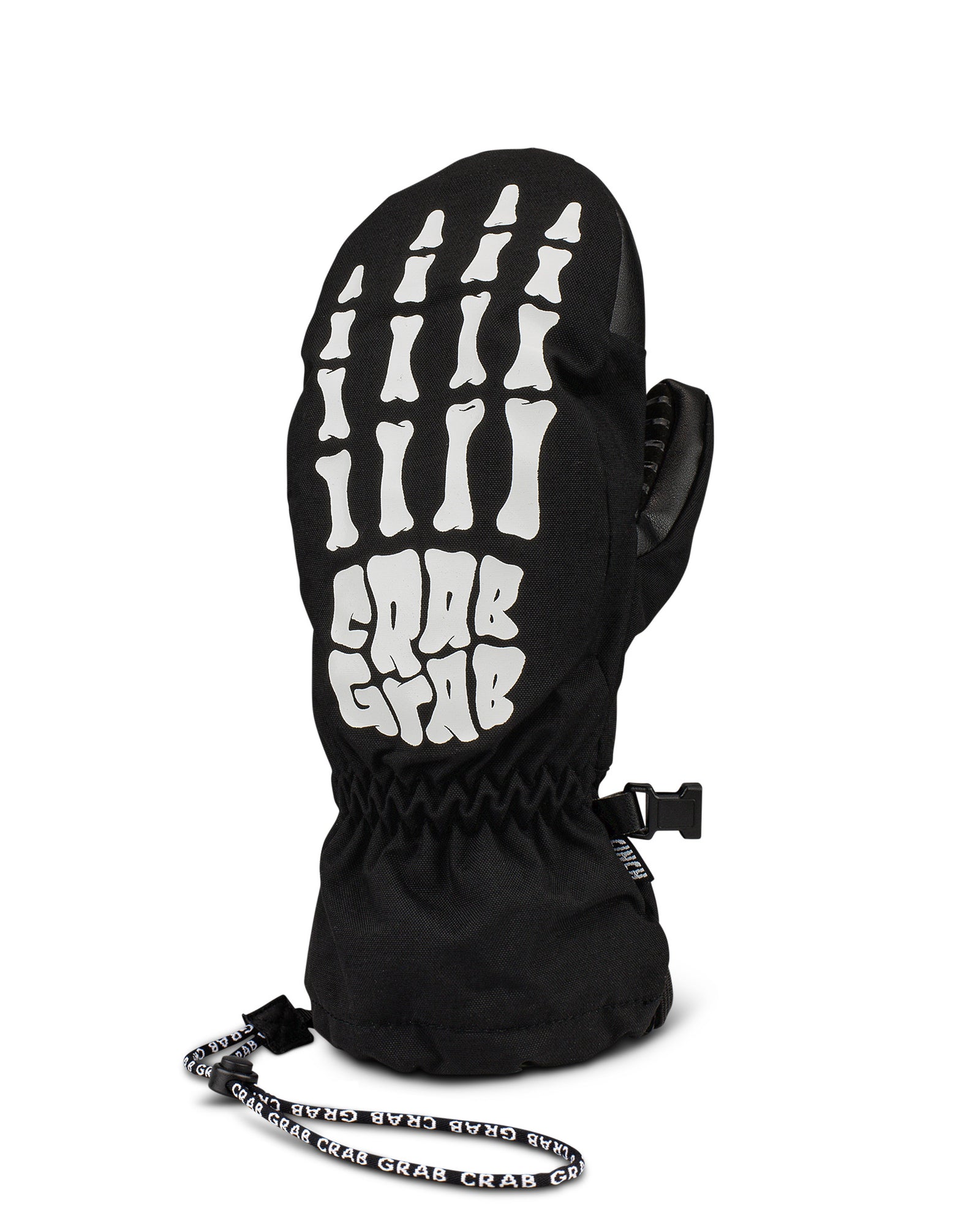 Crab Grab Cinch Youth Mitt for small hands with a wrist leash, back of hand view, in skeleton hands print, the Bones color way.