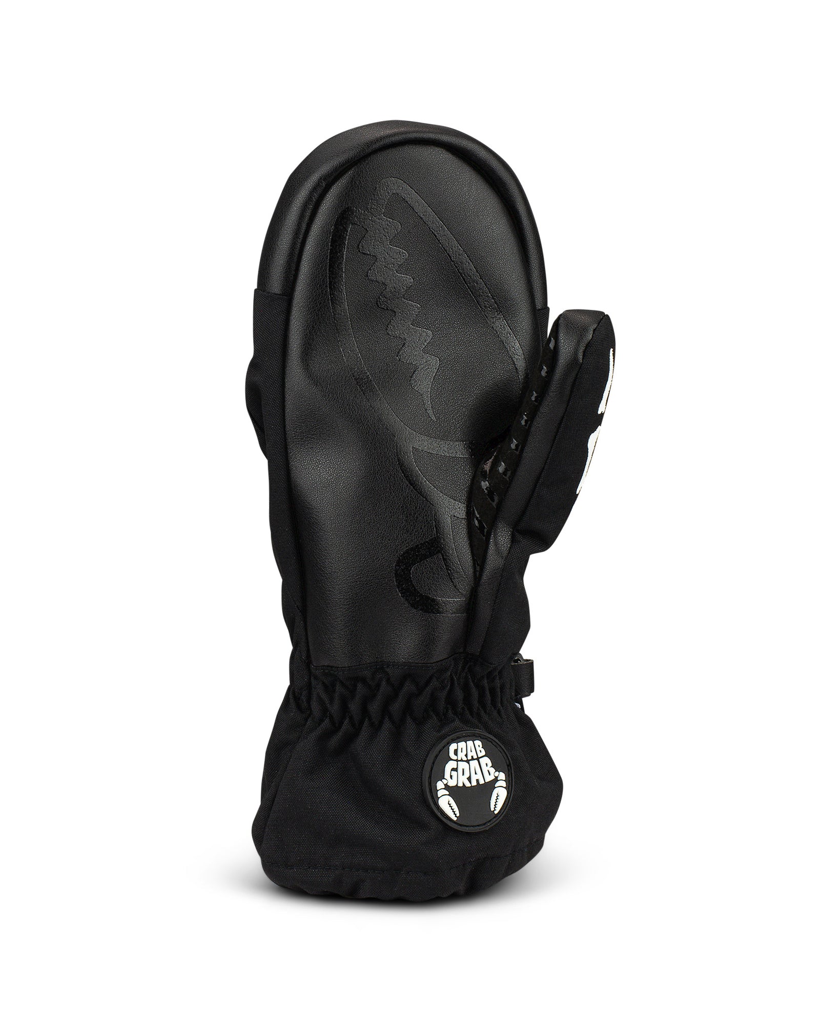 Crab Grab Cinch Youth Mitt for small hands with a wrist leash, back of hand view, in skeleton hands print, the Bones color way.