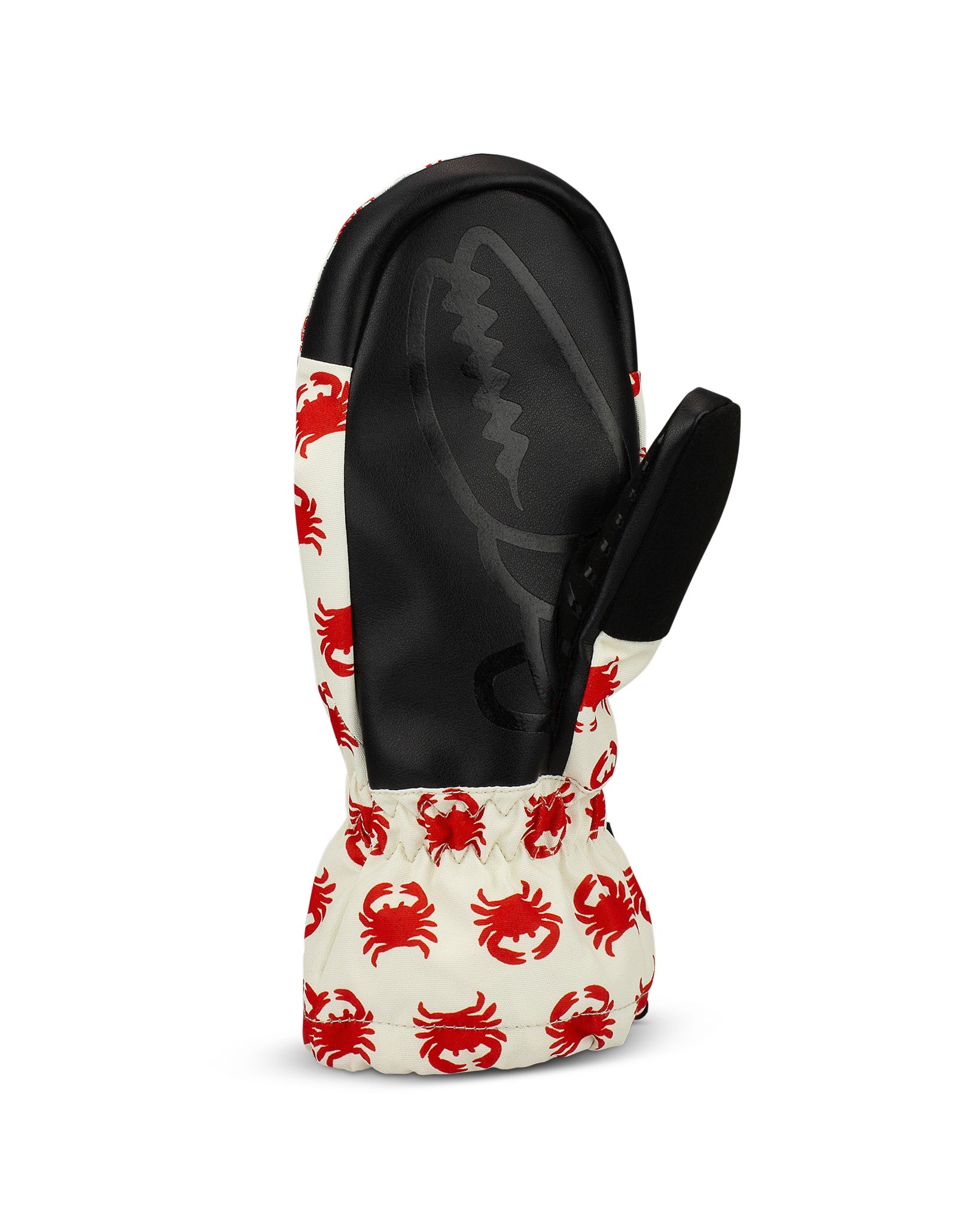 Crab Grab Cinch Youth Mitt for small hands with a wrist leash, back of hand view, in Crabs color way.