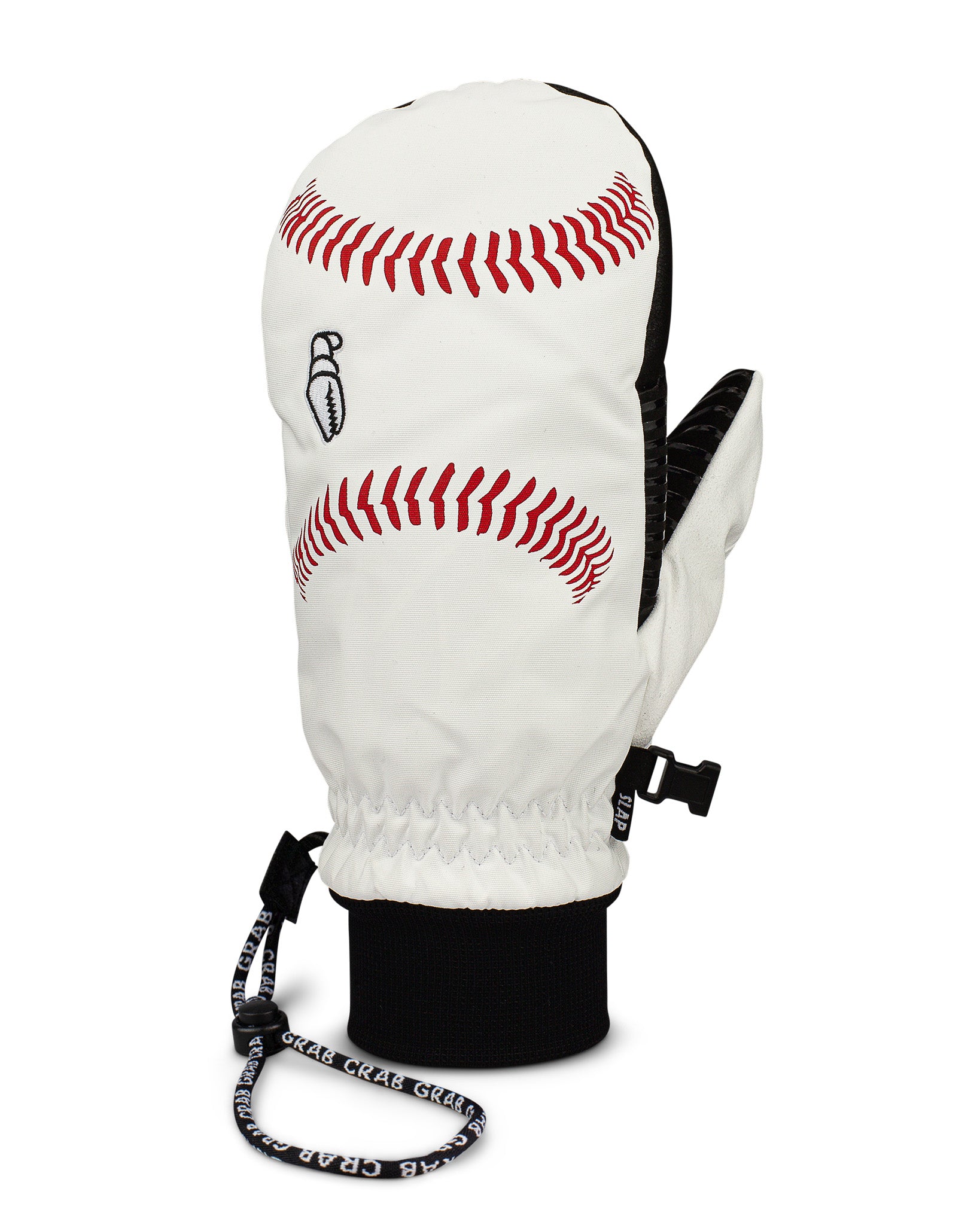 Crab Grab - Slap Mitt - snowboard mitten  with baseball graphic, back view with wrist leash.