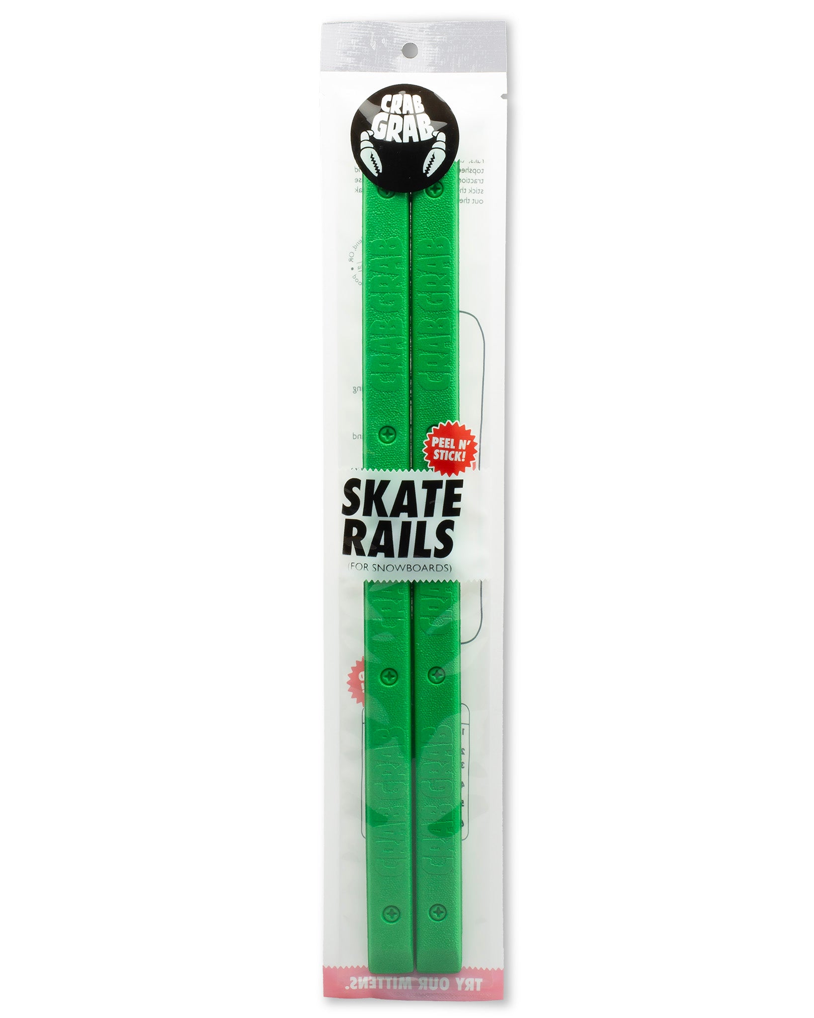 Crab Grab - Skate Rails snowboard grab traction, Packaging view, Green.