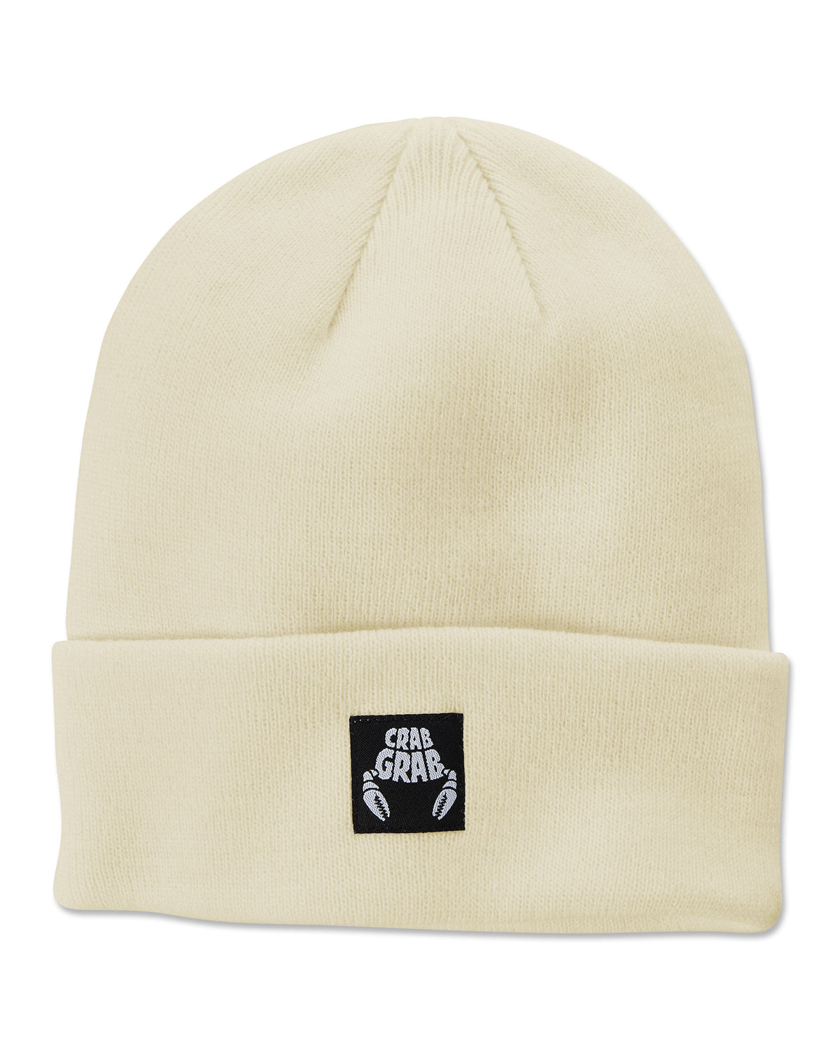 Crab Grab - Tall Reservoir Beanie with woven logo label in Bone (natural off white).