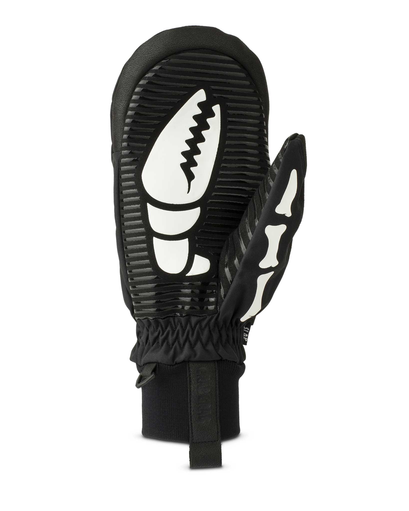 Crab Grab - Slap Mitt - snowboard mitten black with Bones graphic, back view with wrist leash. Phoebe Bridgers would probably wear this.