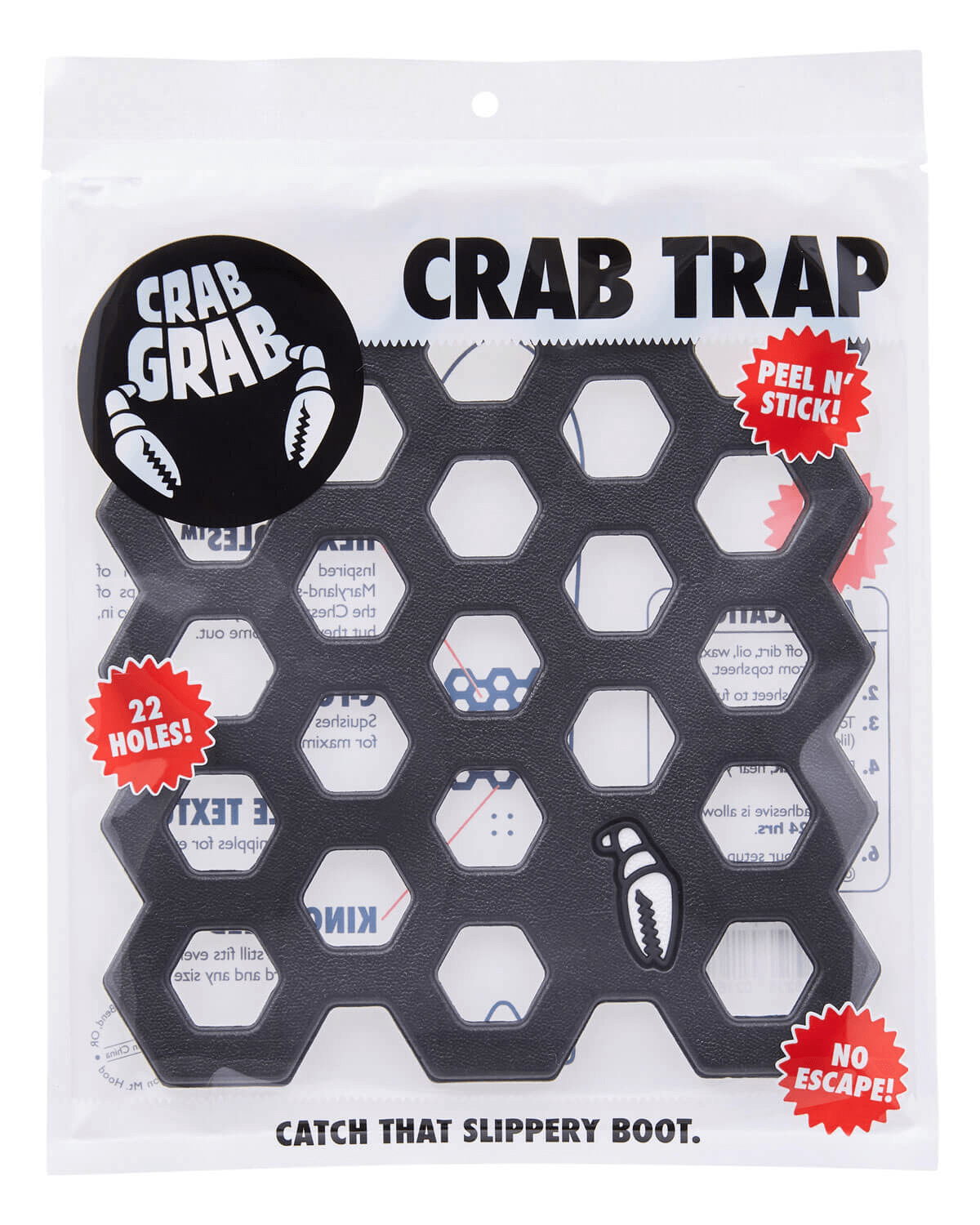 Crab Grab  Traction - Crab Trap stomp pad in Black - Front view with packaging.