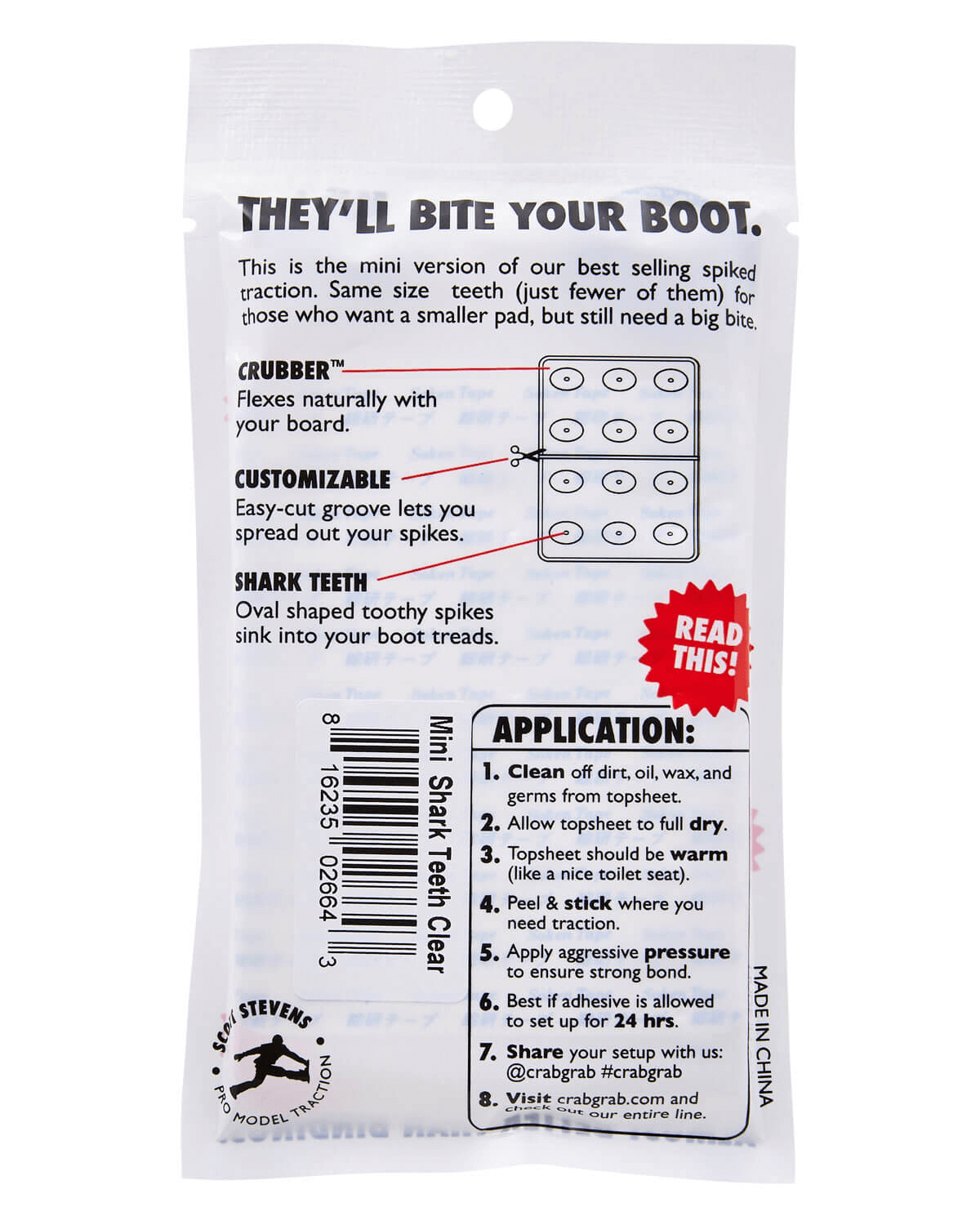 Crab Grab - Mini Shark Teeth stomp pad in packaging, back view.