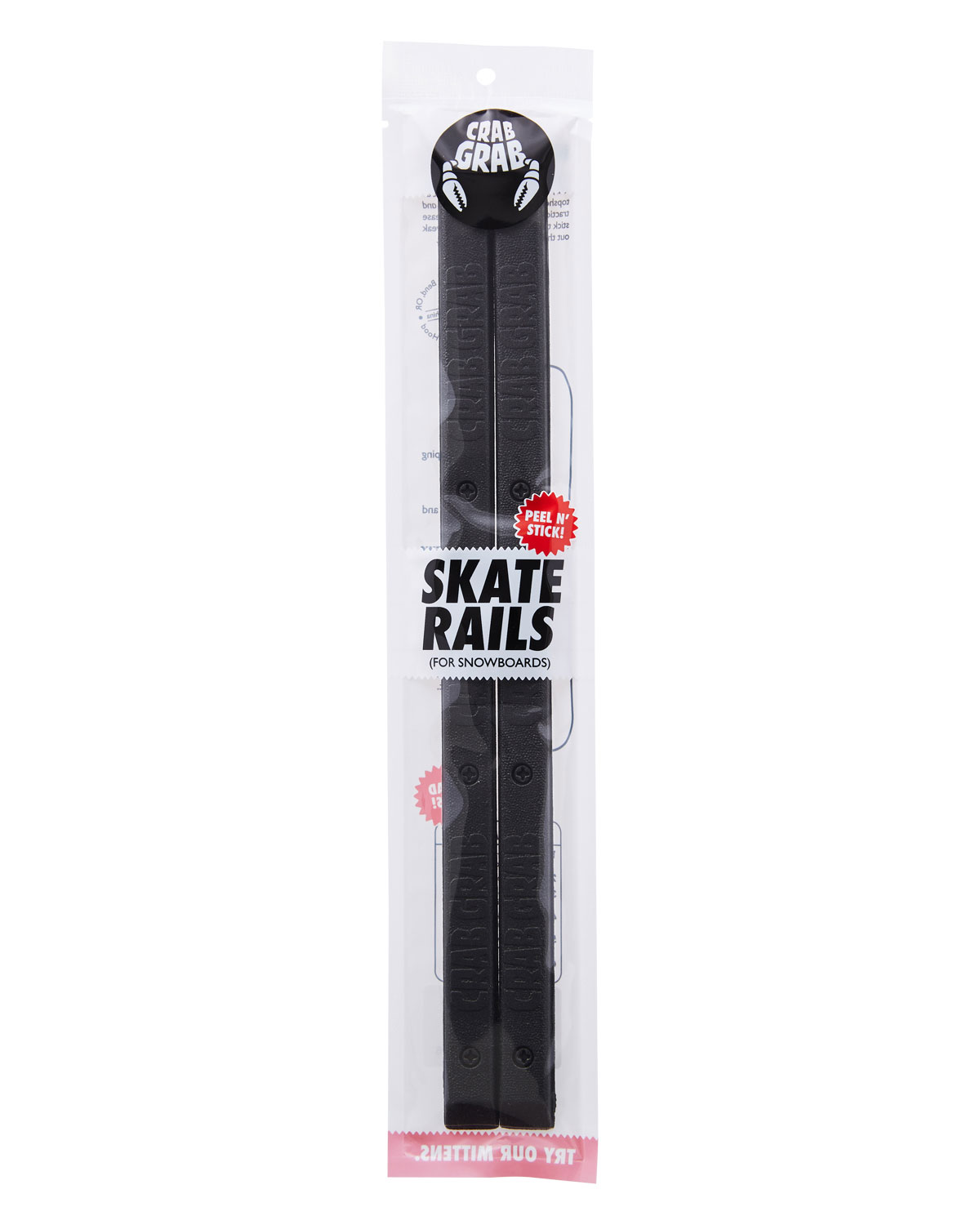 Crab Grab - Skate Rails snowboard grab traction, packaging, Black.