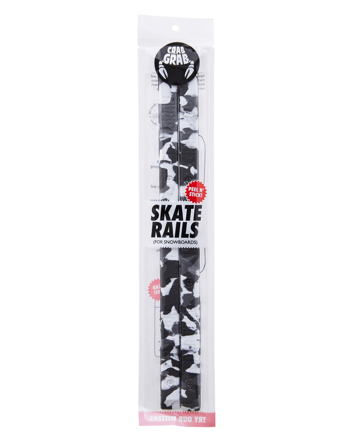 Crab Grab - Skate Rails snowboard grab traction, packaging, Black.and White Swirl.