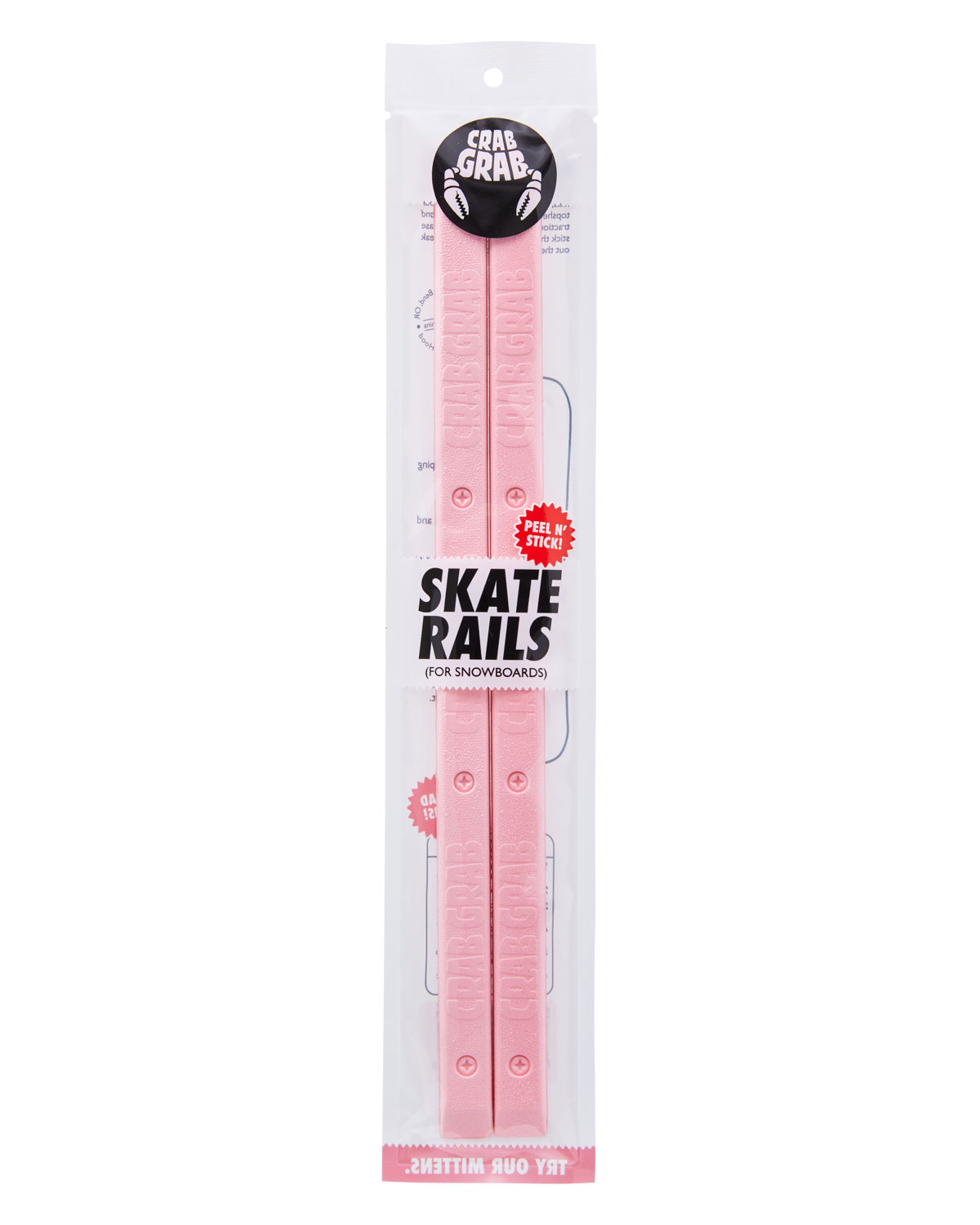 Crab Grab - Skate Rails snowboard grab traction, packaging, Bubblegum pink.