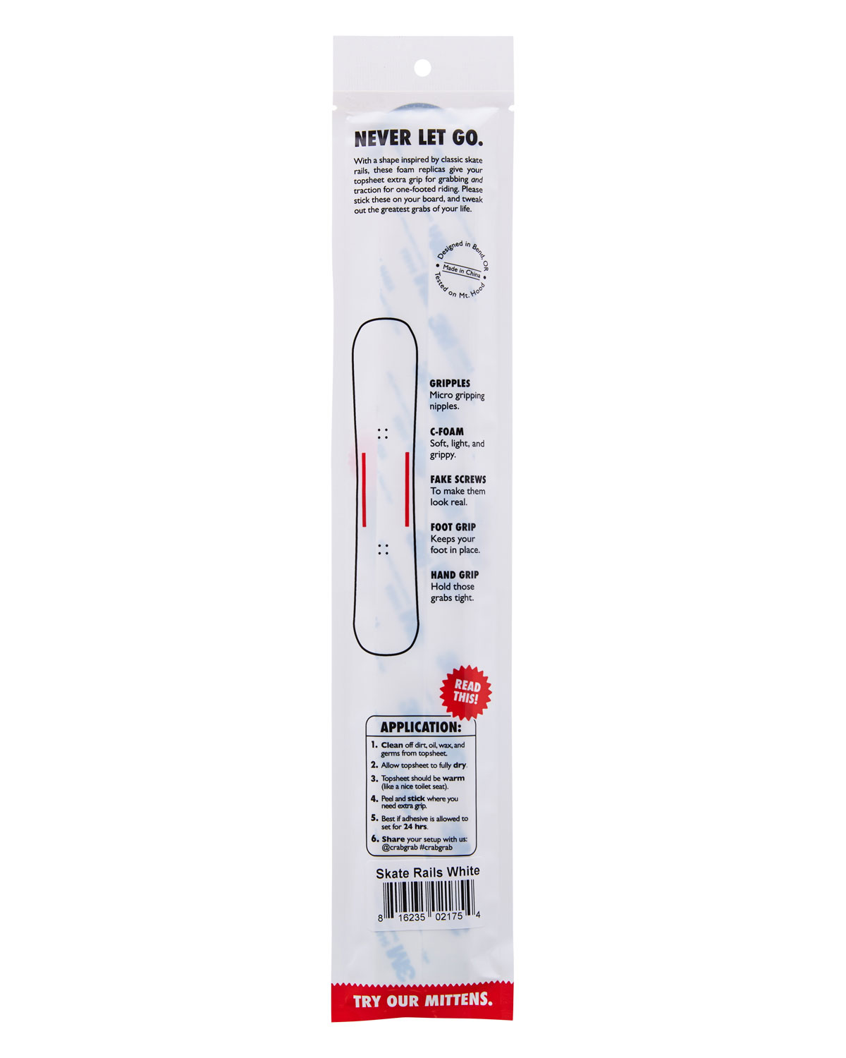 Crab Grab - Skate Rails snowboard grab traction, packaging, back.