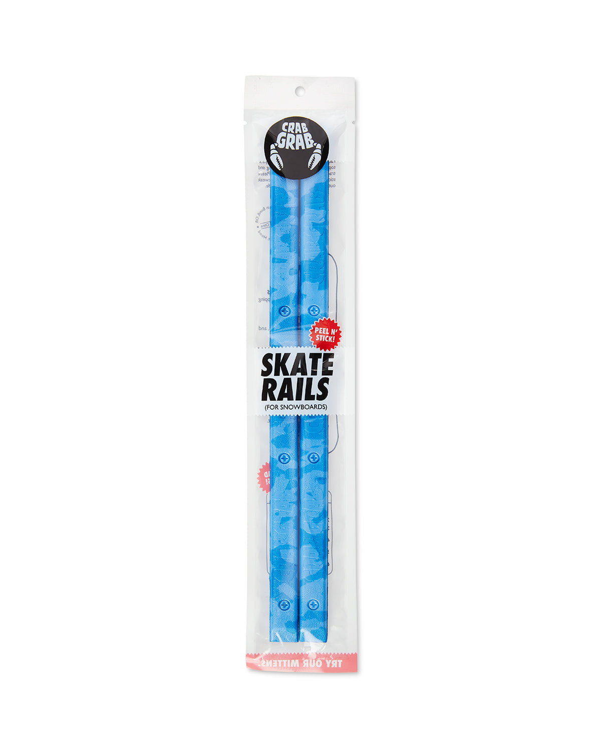 Crab Grab - Skate Rails snowboard grab traction, packaging view, Blue Swirl.